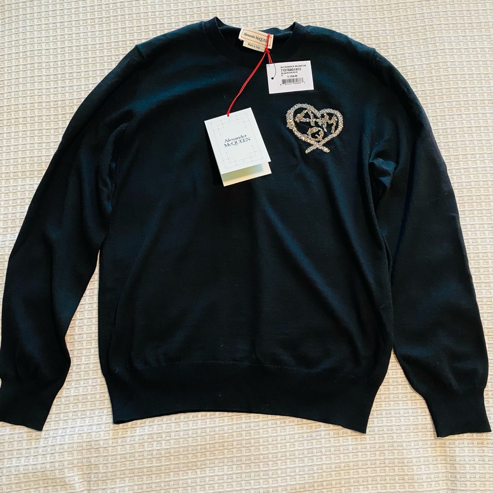 Alexander McQueen Black Sweater with Heart Embroidery